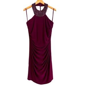 Ruched Sleeveless Dress with Bead and Sequins Halter